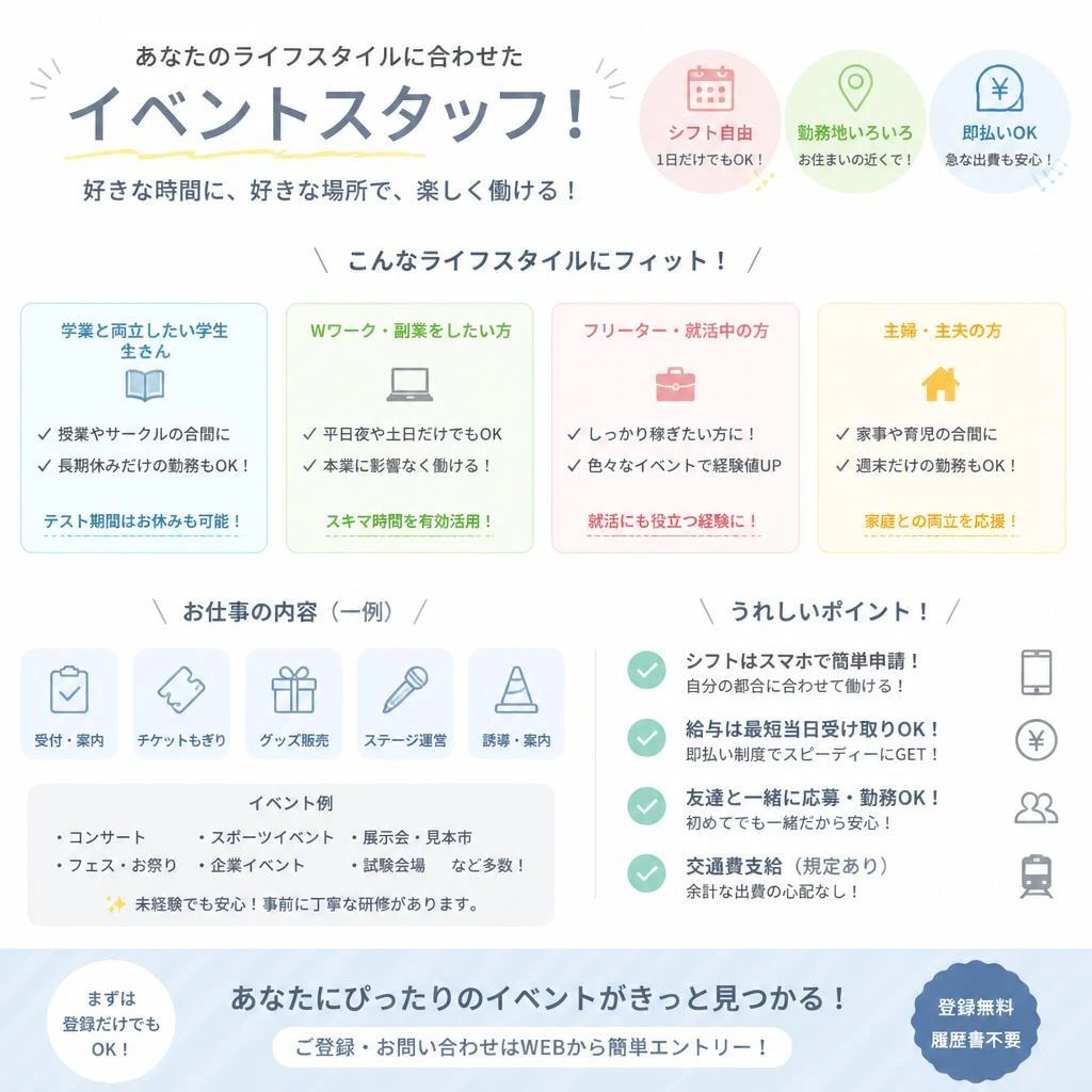 あなたのライフスタイルに合わせたイベントスタッフ！